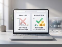 清潔感のあるデスクに置かれたパソコン画面上で、従来の「PV重視・大量アクセス・低収益」の手法と、現在の「成約重視・少人数アクセス・高収益」の手法を比較・解説するインフォグラフィック