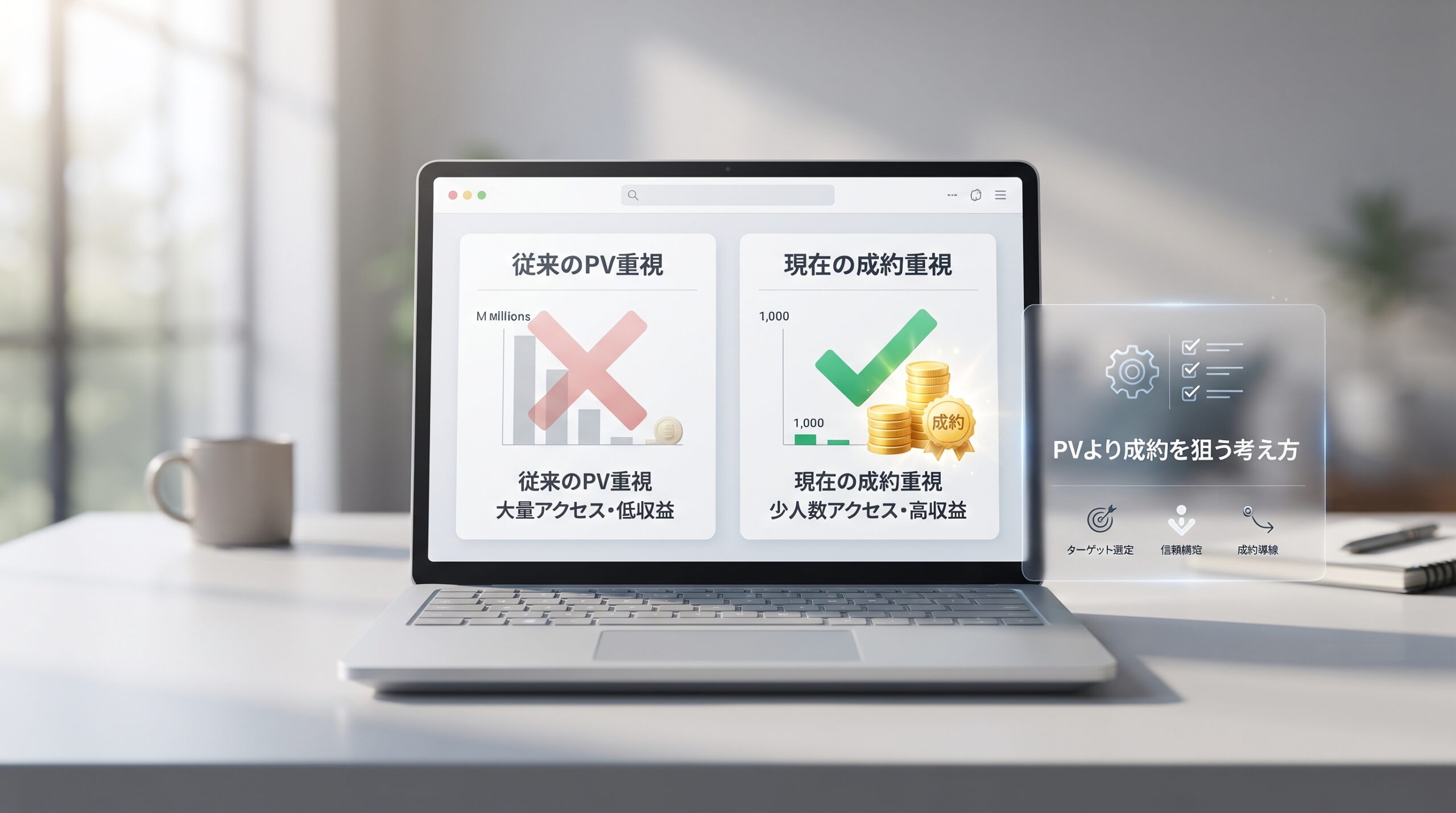 清潔感のあるデスクに置かれたパソコン画面上で、従来の「PV重視・大量アクセス・低収益」の手法と、現在の「成約重視・少人数アクセス・高収益」の手法を比較・解説するインフォグラフィック