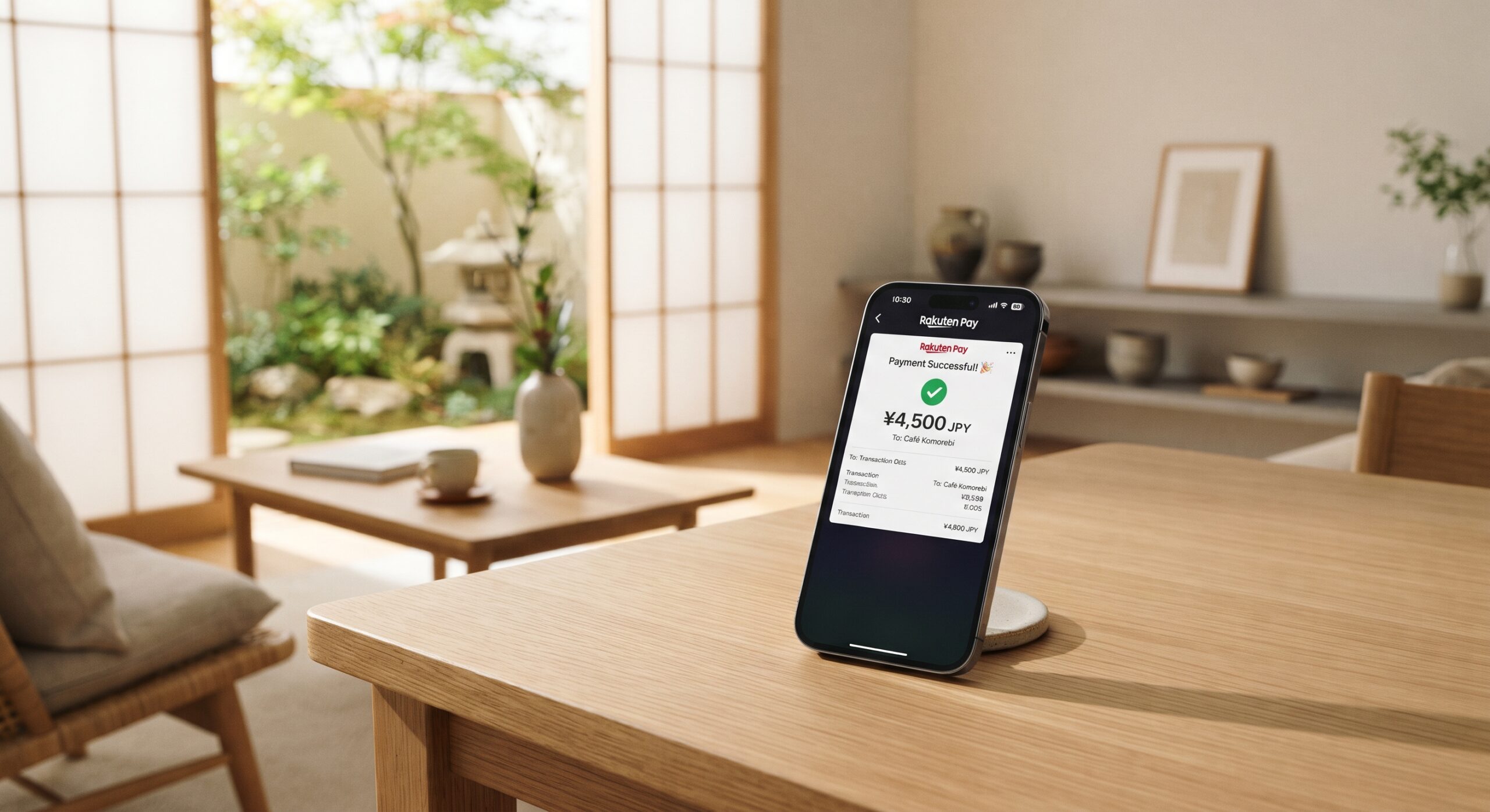 所沢の明るい部屋で、木製のテーブルの上に置かれたスマートフォンに表示される決済アプリ。柔らかな自然光が差し込む、クリーンで洗練されたモダンなインテリアの風景。